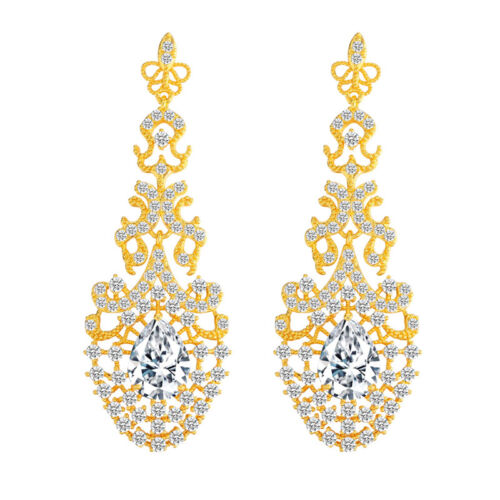 Yellow Gold Plated Chandelier Earrings Zirconia Long Drop Dangle Wedding Jewelry - Picture 1 of 11