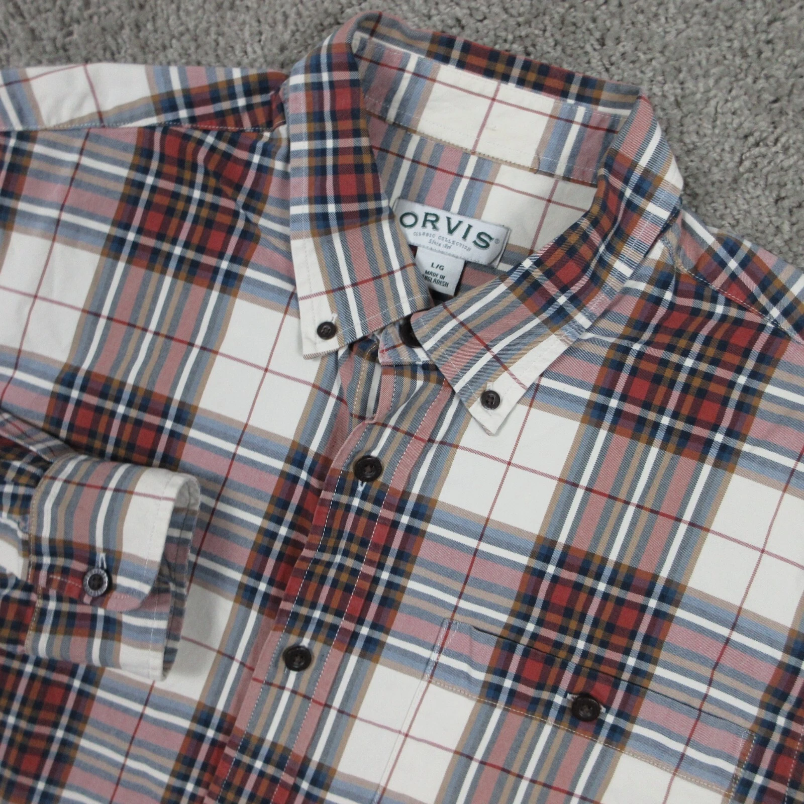 Orvis Shirt Mens Large Red Beige Twill Outdoor Work Woven Button Up Country EUC