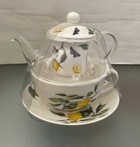 GRACE TEAWARE Lemon 🍋 Bees Butterflies Glass Porcelain TEA FOR ONE w/INFUSER - Picture 1 of 8
