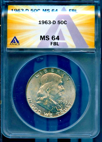 1963-D 50c Silver Ben Franklin Half-dollar MS 64 FBL ANACS # 7830240 + Bonus