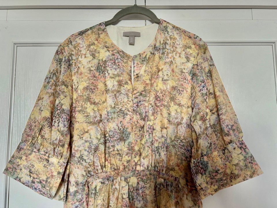 H&M DRESS YELLOW/MULTI FLOATY LINED ELASTIC WAIST TIES SIZE Eur S 8