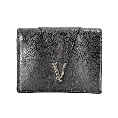 Versace★素敵!l Gray Textured Leather V-Logo Wallet Versace Women's Metal Gray 100% Textured Leather V-Logo