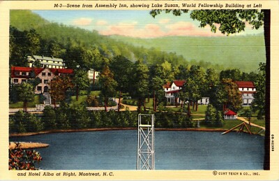 Montreat NC Scene from Assembly Inn Lake, Fellowship Bldg, Hotel Alba Pcard E776