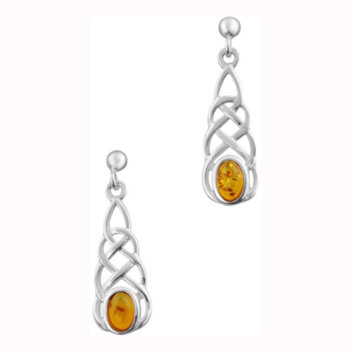 Celtic Eternity Intertwined Knot Pattern Sterling Silver Earrings With Amber - Picture 1 of 1