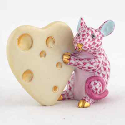 HEREND, MOUSE WITH HEART CHEESE, PINK FISHNET VHP-16375, NEW,  MINT & BOX!