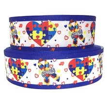GROSGRAIN RIBBON 5/8", 7/8", 1.5", 3" AUTISM AWARENESS PUZZLE HEARTS Printed