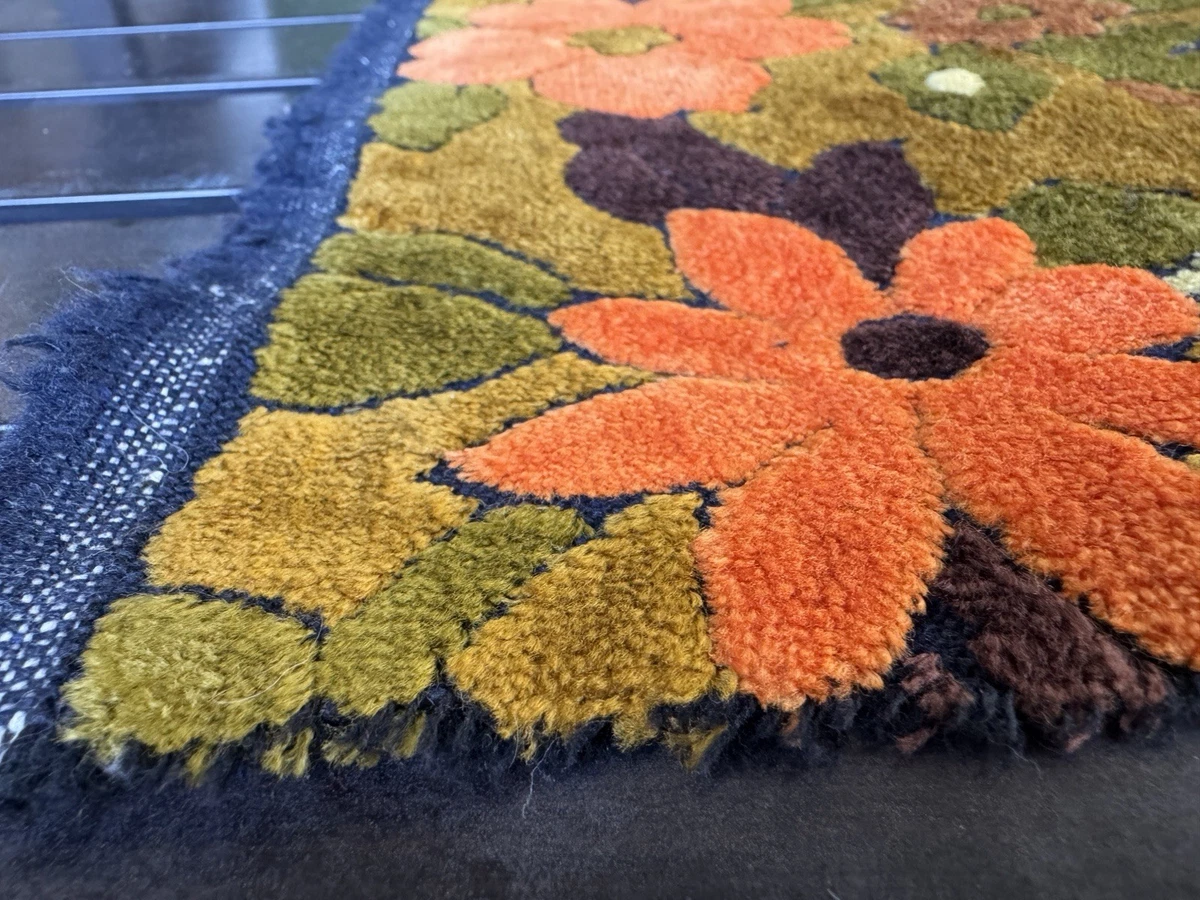70s Upholstery Fabric 16.5 x 21” Flower Orange Brown Green Ivory Velvet-Like VTG