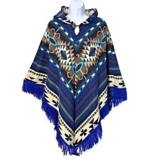 Vtg Southwestern Hooded Poncho Fringe Boho Western Festival OS Indie Aztec Artsy