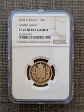 2002 Gold Proof Sovereign PF70 Ultra Cameo Golden Jubilee Shield Reverse