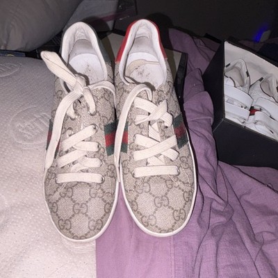 Gucci Kids 33 GG Monogram Leather Low-Top Lace-Up Sneakers Beige Red/Green
