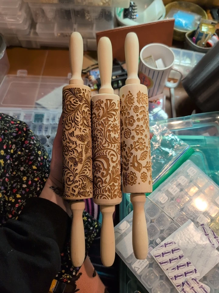 Set Of 3 Themed Wooden Carved Embossing Rolling Pins For Cookies - Image 2 of 4