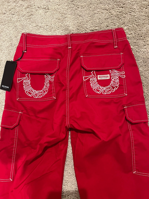 NWT $159 True Religion Cargo Pants Red White Contrast Stitch Mens