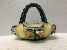 VTG Maruhon Ware Ceramic Basket Vase Twisted Handle Japan