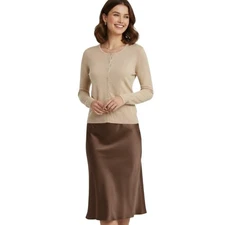 Vintage 80s Silk Blend Cardigan Sweater Button Up Fitted Cream Tan M 90s Y2K