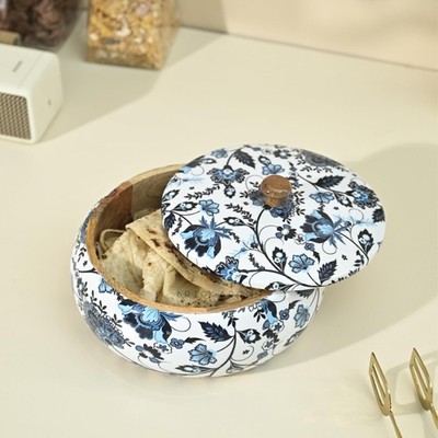 Brick Brown Premium Handcrafted Solid Wood Floral Print Roti Medium, Blue 
