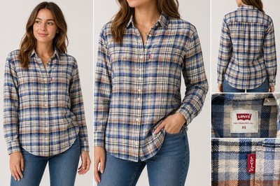 Levi s Shirt Women s XS Plaid Flannel Blue Orange Button Up Cotton Casual Fall