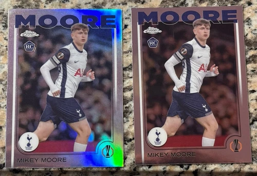 2024 25 TOPPS CHROME UEFA MIKEY MOORE RC Refractor And Base 2 Card Lot #199