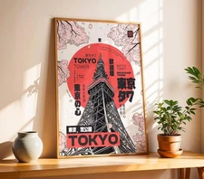 Tokyo Tower Retro Manga Style Japanese Wall Art Decor Poster, No Frame
