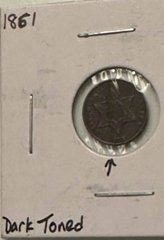 Серебряная монета номиналом 3 цента 1861 с отделкой — дата гражданской войны, состояние как новая — тонировка — красивая! - Изображение 4 из 4