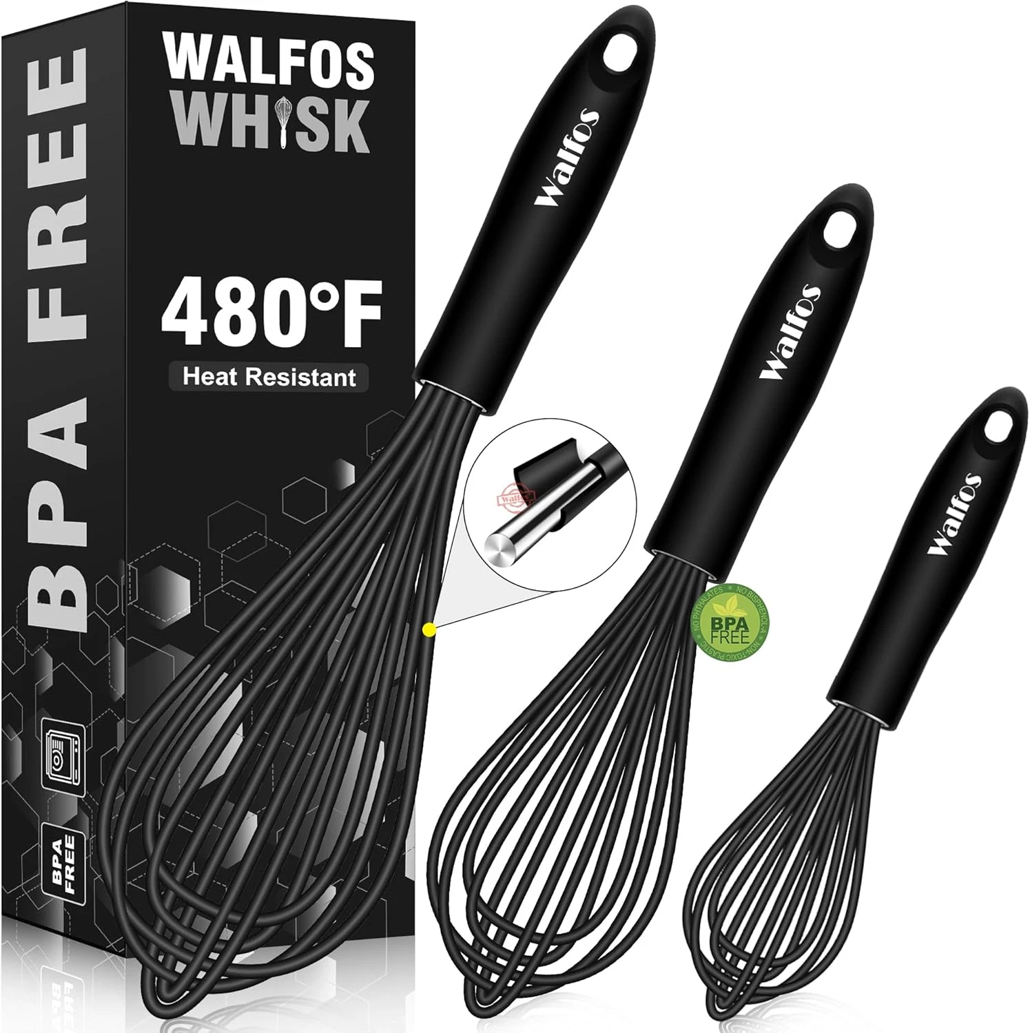 Silicone Whisk,Stainless Steel Wire Whisk Set of 3 -Heat Resistant 480°F Kitchen