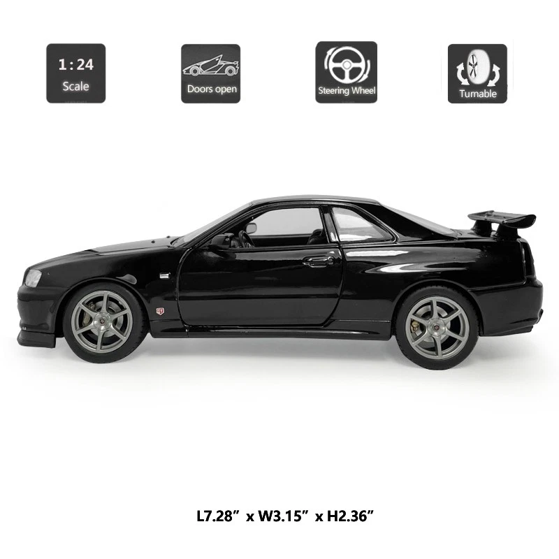 1:24 Nissan Skyline GT-R (R34) Model Car Metal Diecast Toy Cars Collection Black - Image 2 of 4