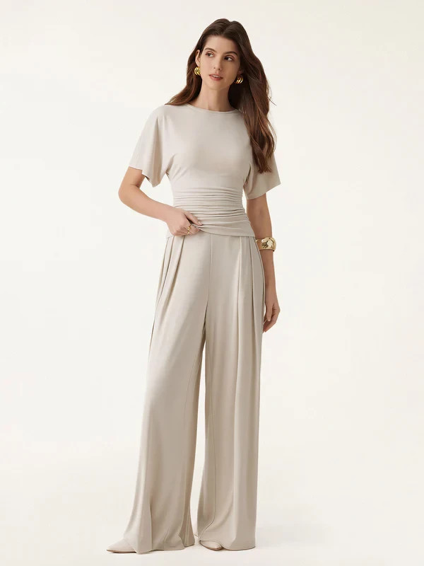 Sandwashed 2Pcs Set Boatneck Batwing Sleeve Top & Wide Leg Palazzo Pants