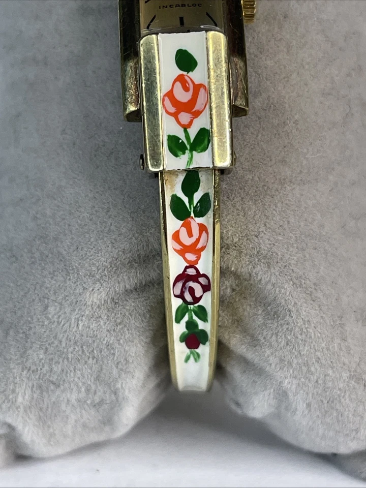 Vintage Sinex Geneve Incabloc Swiss Made Mechanical Floral Enamel Gold Filled  - Image 4 of 4