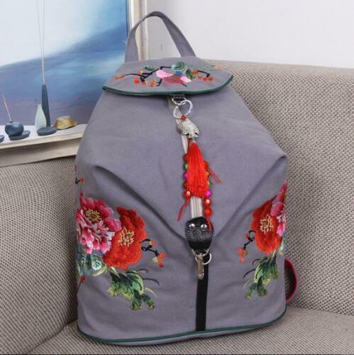 Chinese Style Casual Flowers Embroidery Canvas Backpacks Womens Travel Hobo Bag - Picture 15 of 16
