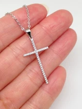 Womens Thin Cz Cross Necklace 925 Sterling Silver Pendant Long 28mm(1.10") 18"