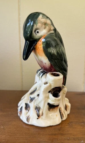 Antique 5 3/4" Weller Brighton Pottery Woodpecker/Kingfisher Figural Flower Frog