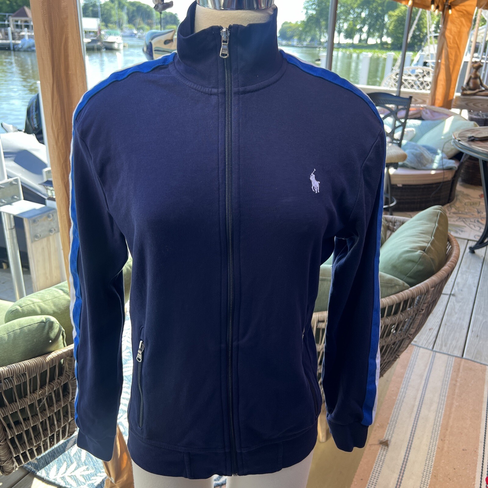 Polo Ralph Lauren Performance Jacket da uomo taglia small blu navy bianco pony