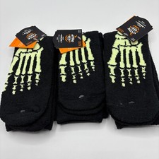 Lot of 3 Glow In the Dark Halloween Crew Socks Skeleton Size 4-10