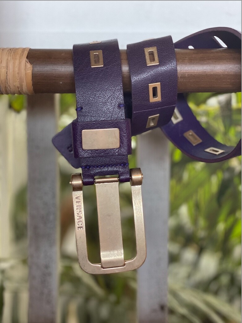 NEW VERSACE Logo Crystal Purple Leather Belt 80/32 Medium M Valentino Garavani Calfskin Crystal VLogo 30mm Reversible  main image 2
