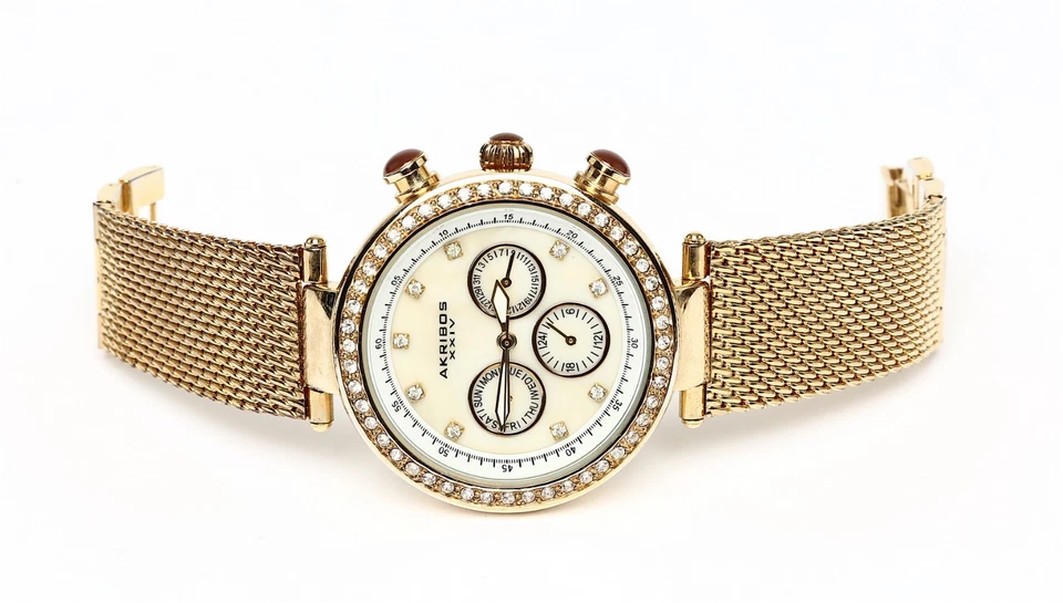 Akribos XXIV Women's Multi Function Mesh Gold Watch F1267 - Image 4 of 4