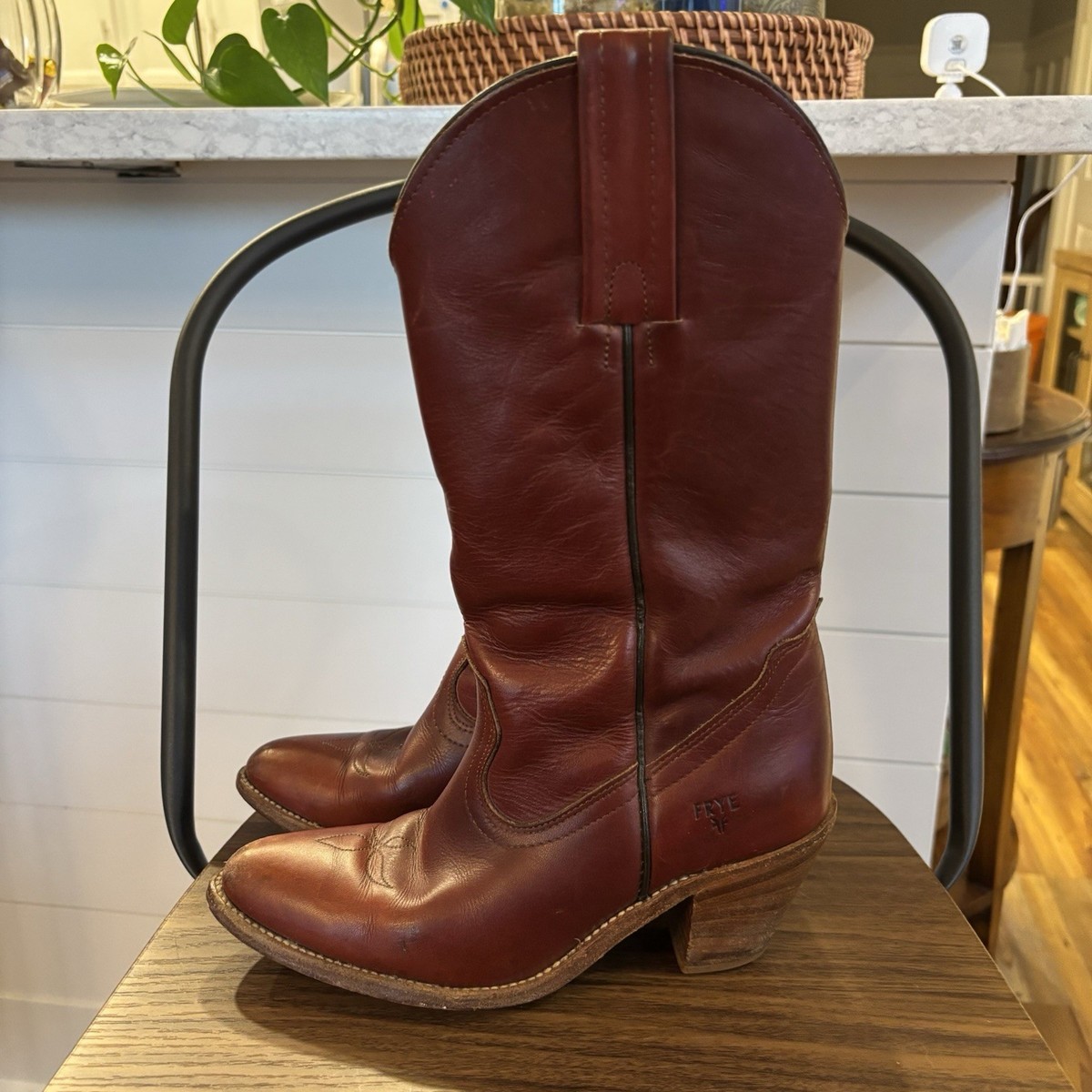 VTG Boho FRYE Cowboy Western Boots Burgundy Leather White Label