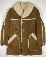 KIRK'S SUEDE LIFE Vtg 70s Sherpa Fleece Lined Heavy Suede Jacket Long Coat M