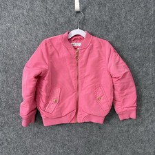 H M Girls Pink Bomber Jacket Size 4 5Y Zip Front Ribbed Trim Crown Patch