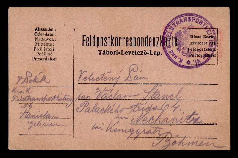 DR WHO 1916 POLAND WWI FELDPOST POSTCARD TO BOHEMIA R71625