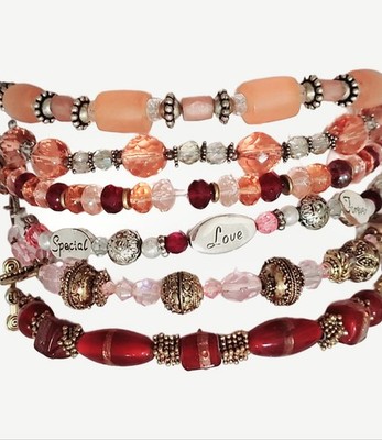 Women's Set Of 5 Crystal Stone Toggle Bracelets Summer Stack Soft Pink Silver