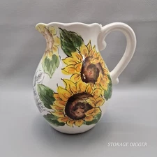 Vintage Maxcera Sketch Sunflower Floral Pitcher 8.5" Tall Farm House Decor