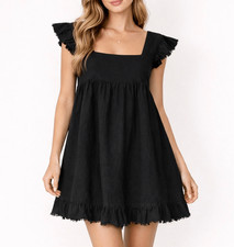 Aerie Mini Dress Sundress Flutter Linen Blend Ruffle Sleeve Black Small