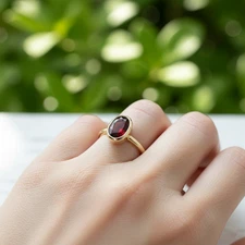 Natural Garnet Oval Solitaire Stack Band Ring 14k Solid Gold Wedding Gift