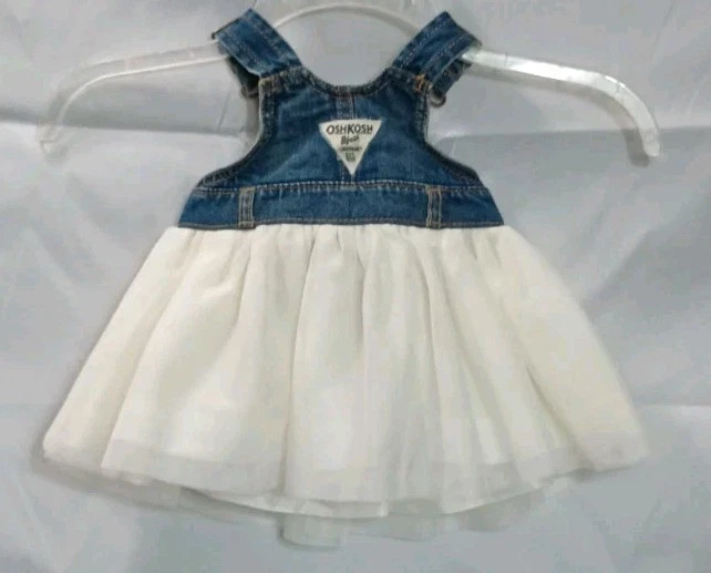 OshKosh 女宝宝 3M 牛仔围兜象牙薄纱蓬裙连衣裙 3 个月二手状况完好 — 第 4/4 张图片