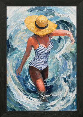 Frau im Wasser mit gelbem Hut gerahmtes Wandbild Poster Leinwanddruck Bild