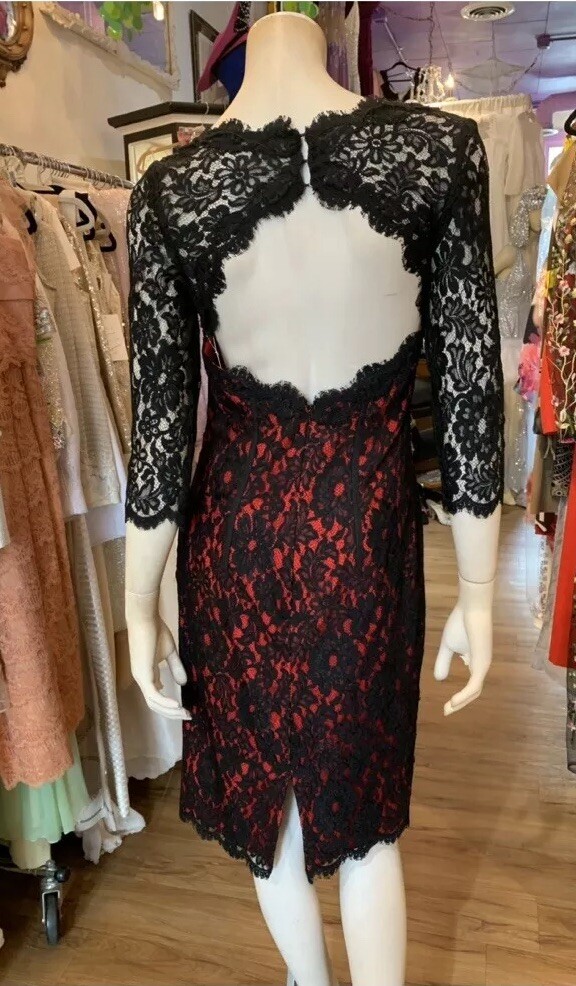 ML Monique Lhuillier Black And Red LACE DRESS Cutout Back Sz S $395 | eBay