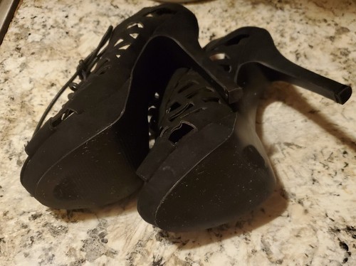 Vintage Peep Toe Platform Stilettos Heels Black Velvet Size 9 - Picture 7 of 8
