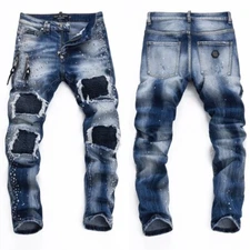 Men's Punk Ripped Pleated Slim fit Patch Rivet Jeans Stretch Blue Biker Pants