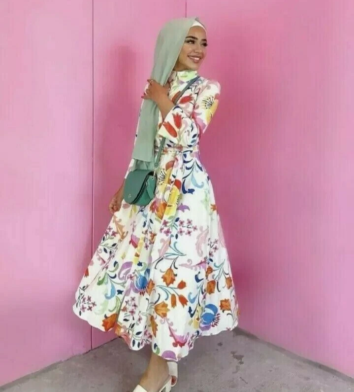 OFF WHITE ABITO CAMICIA ESTIVO MIDI ZARA OFF WHITE AVORIO STAMPA MULTI FLOREALE TAGLIA XS 8 36