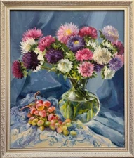 STILL LIFE Original Oil Painting Asters FLOWERS in glass vase with grapes