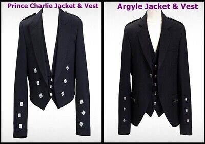 60/"// Prince Charlie Kilt Jacket With Waistcoat//Vest mixed wool Sizes 30/"